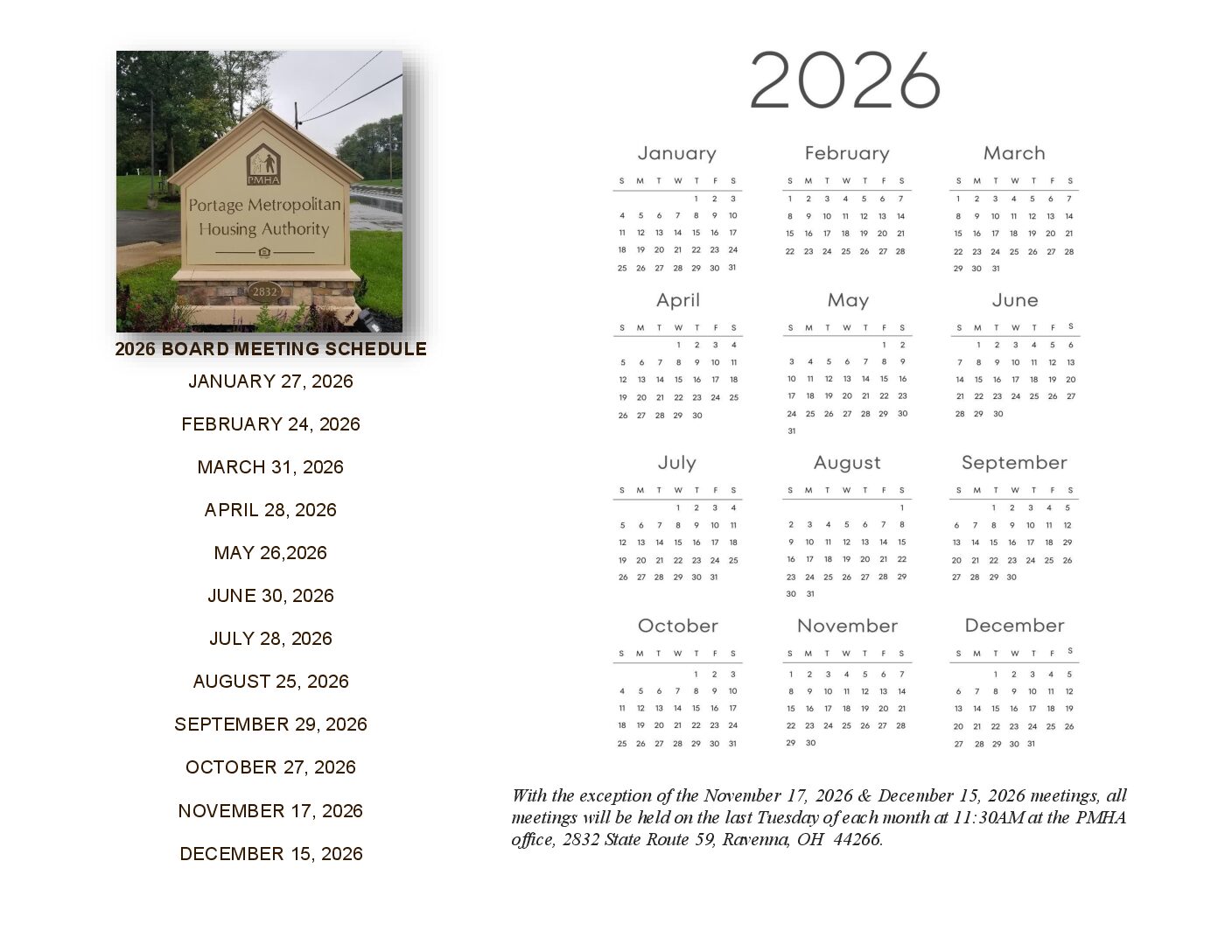 2026 Board Meeting Schedule